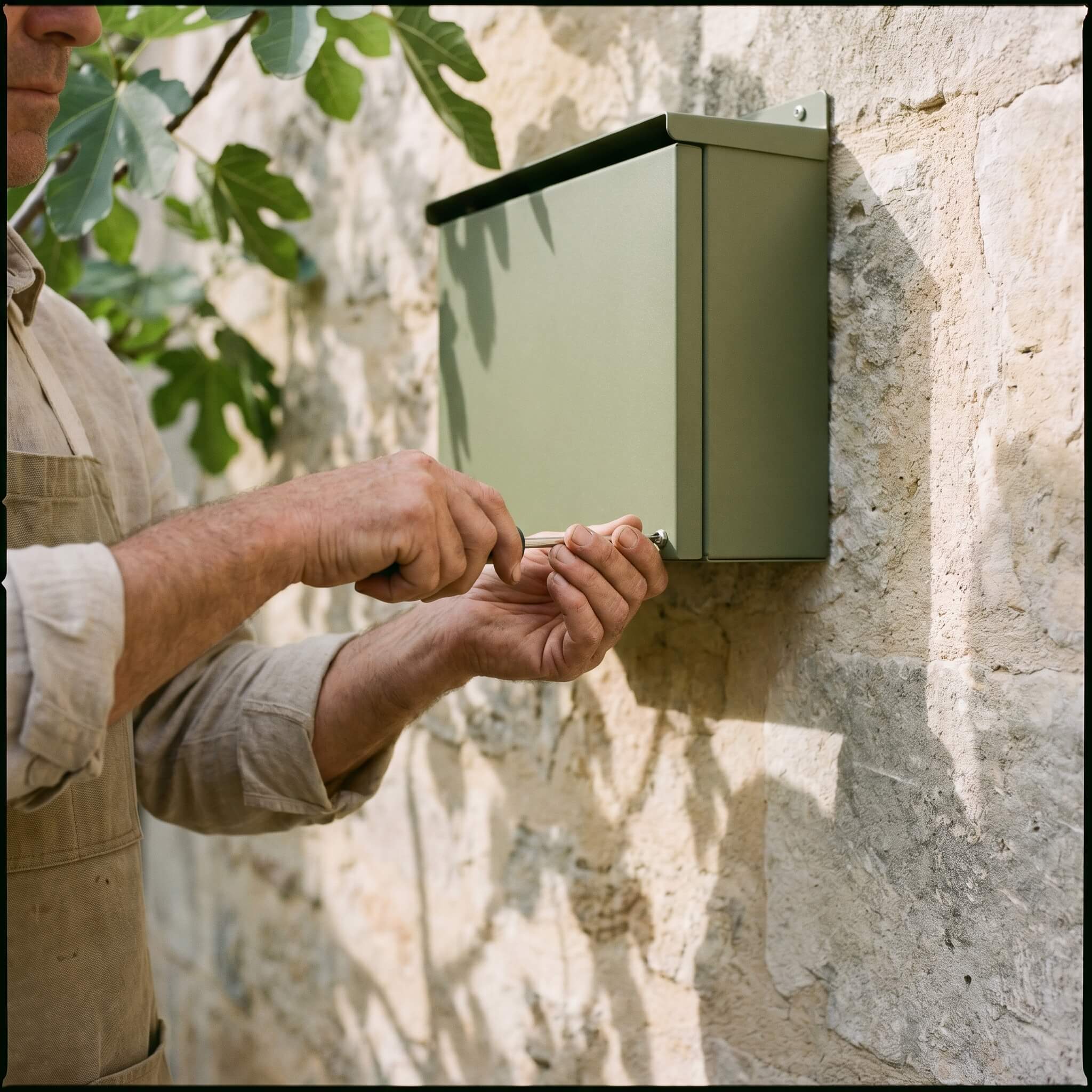 Artisan installant un cache pour unité extérieure de climatisation Image