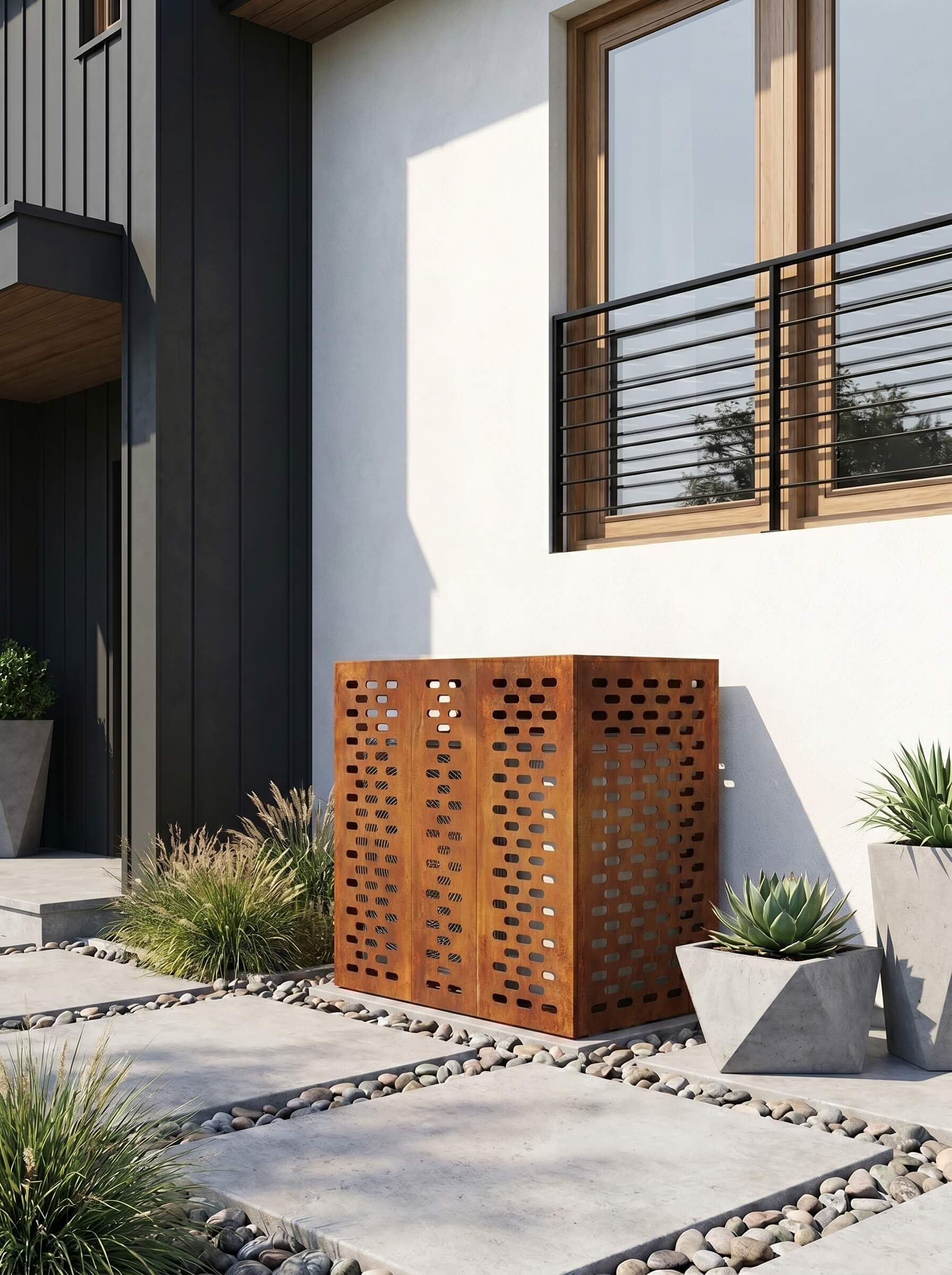 Cache climatiseur extérieur acier patinable avec maison contemporaine Image