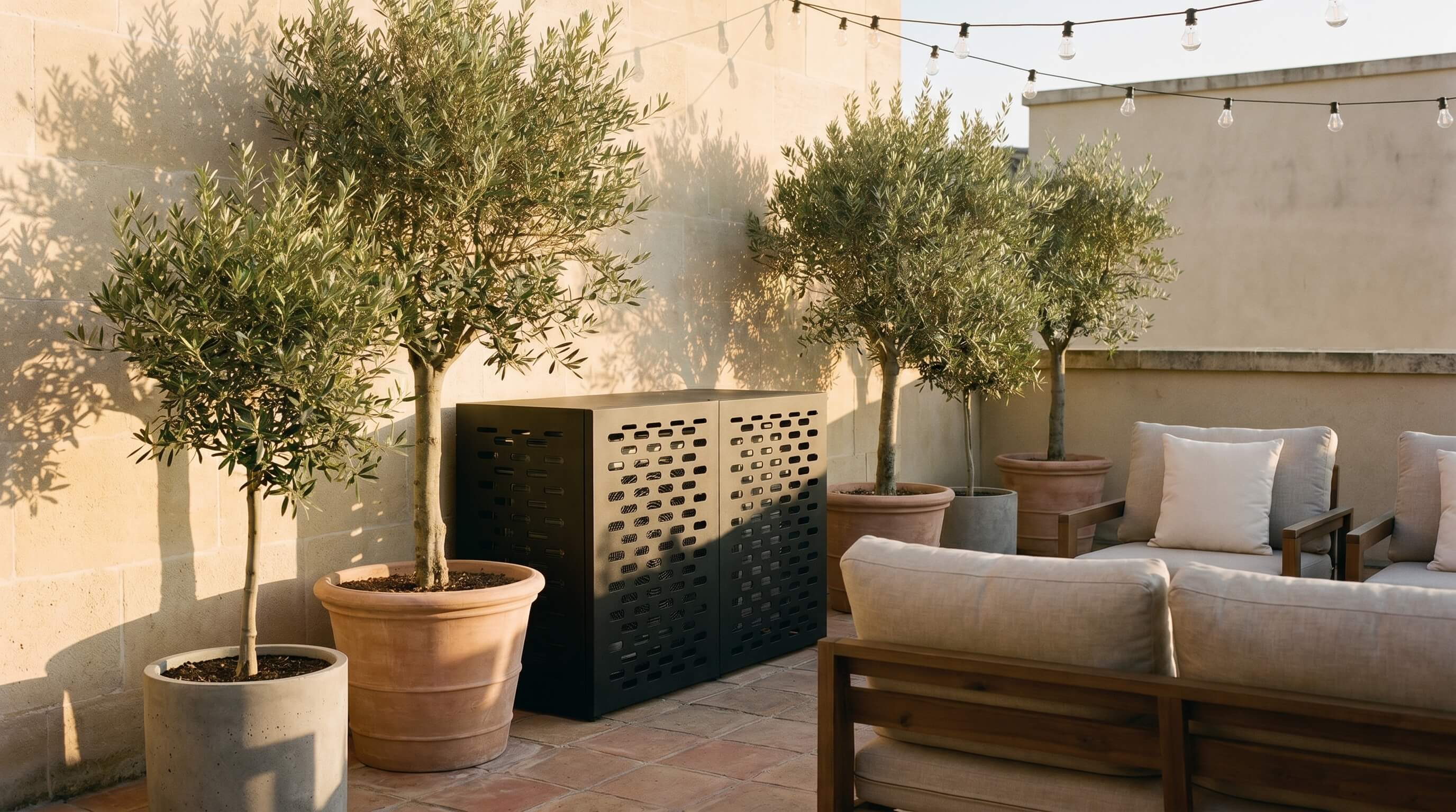 Cache climatiseur en acier noir mat sur une terrasse contemporaine