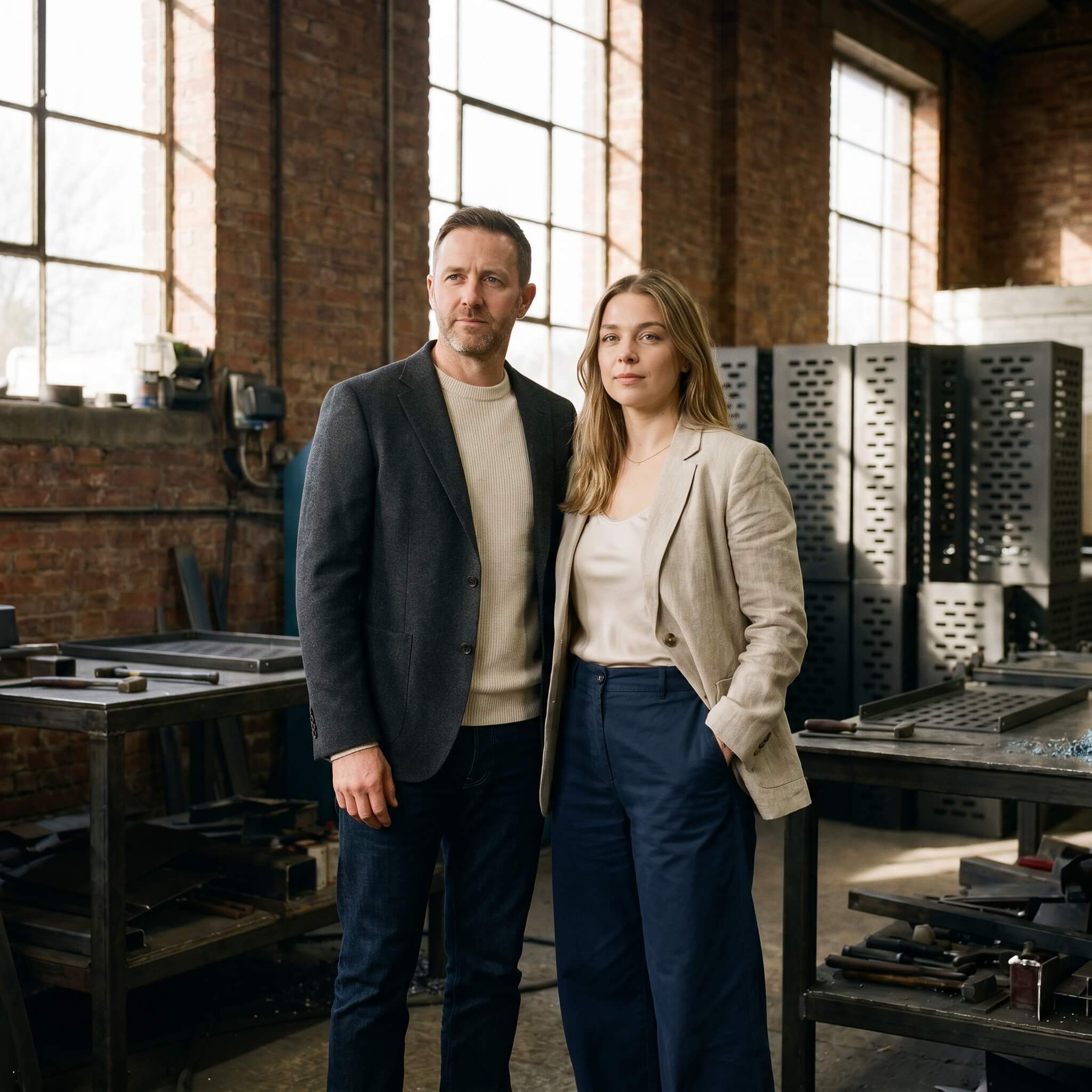 Marc et Hélène, fondateurs de L'Atelier Cache-Clim, dans leur atelier Image